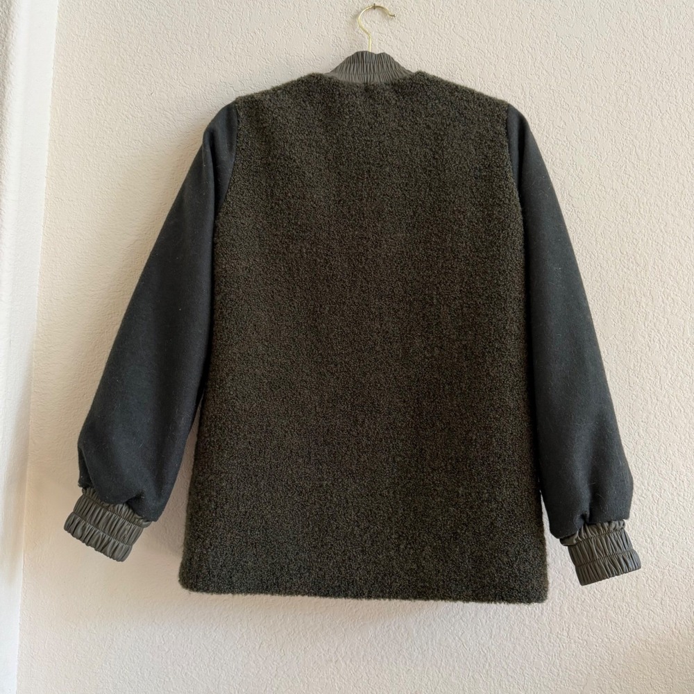 SIR. The Label Mixed Media Boucle Wool Bomber Jacket Olive Green Leather Trim S - Picture 9 of 16